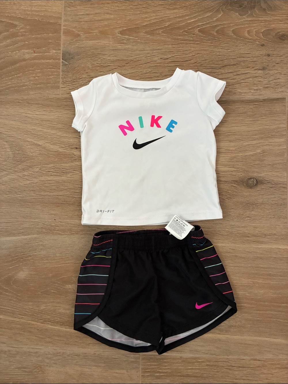 Nike White Dri-FIT Tee & Black Shorts with Neon Lettering